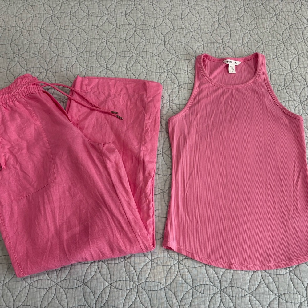 ATHLETA WOMEN Pink RIBBED Tank Top and LINEN Pants Set SIZE SMALL